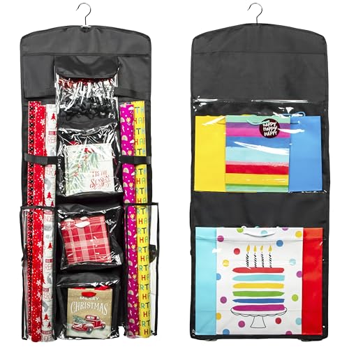 Gift Wrap Organizer Storage Container with Pockets and Roll Slots, Black
