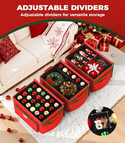 Large Christmas Ornament Storage Box with 72 Compartments, Durable 600D Fabric, Portable with Pockets