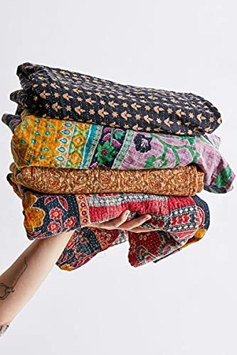 Indian Kantha Quilt - Handmade Reversible Cotton Throw 55x85 Inches