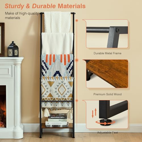 5-Tier Blanket Ladder Shelf, Rustic Wood and Metal Towel Rack for Living Room