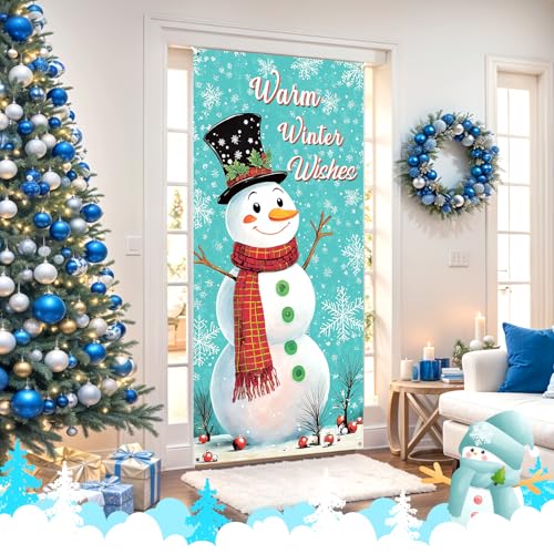 Christmas Snowman Door Cover - Winter Front Door Banner, Indoor Outdoor Holiday Decor