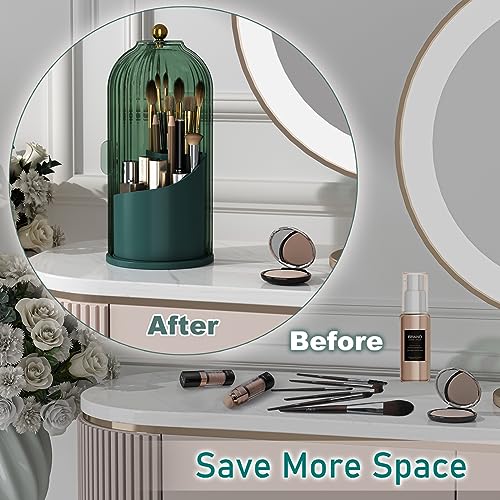 GAXmi Green Rotating Makeup Brush Holder with Lid, Waterproof & Dustproof