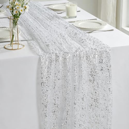 NookZuzu 10 Ft Silvery Sequin Table Runner Set - 3 Pieces, 27.5 x 120 Inches