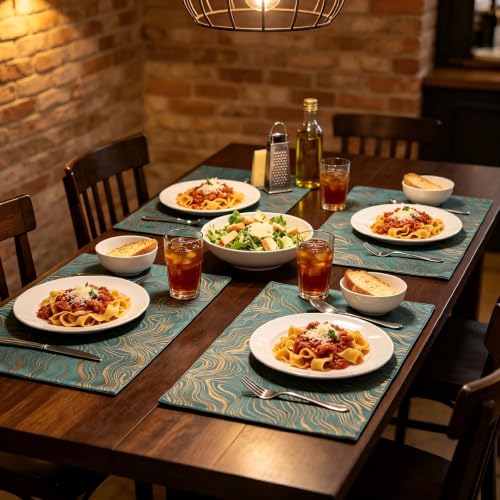 Green Pine Jacquard Placemats Set of 4 – Reversible 12x18 in, Gold Ripple Motif