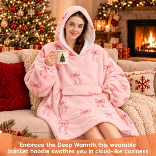 Pink Bow Wearable Blanket Hoodie Oversized Sherpa Sweatshirt for Women Men