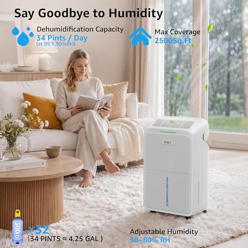 34 Pints Home Dehumidifier for Basement with Drain Hose & Smart Modes