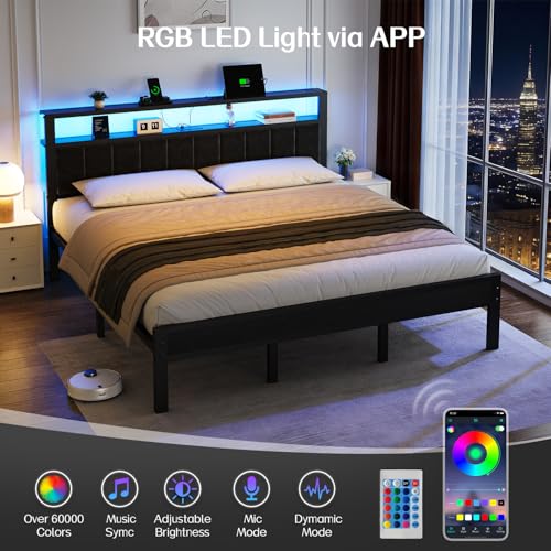 OLEVS King Bed Frame with Charging Station & RGB LED Lights - Black, Modern Platform Bed