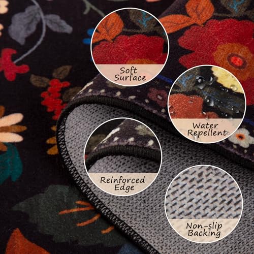 Floral Washable 5x7 Area Rug - Non-Slip Low-Pile Boho Flower Carpet