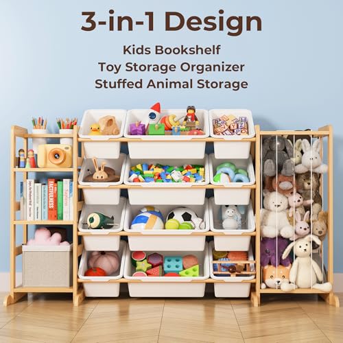Wooden Kids Toy Storage Organizer with Bookshelf & 12 Removable Bins