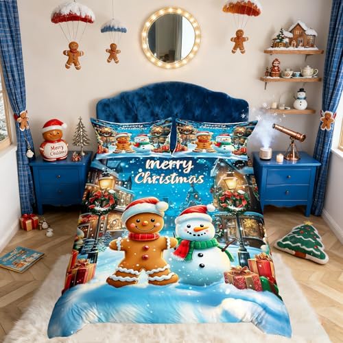 Manfei Gingerbread Man Duvet Cover Set Full Blue Brown, 80x90, 2 Pillowcases - Christmas Snowman Winter Theme