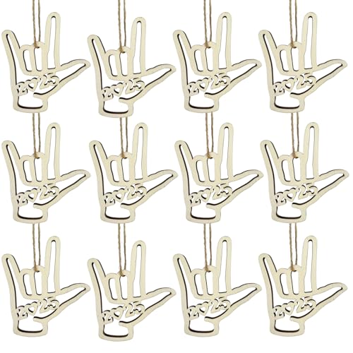I Love You ASL Sign Language Christmas Ornament 2025 - 12pcs Wood Holiday Decor