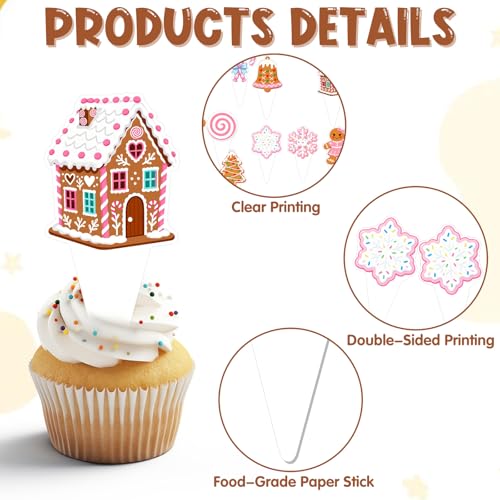 Pink Gingerbread Christmas Cupcake Toppers 50Pcs Non-Edible Party Decorations