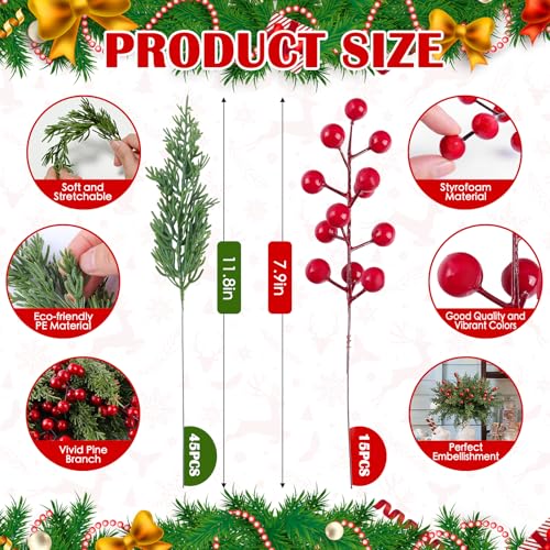 60Pcs Artificial Christmas Pine Branches & Red Berry Stems for Holiday Decor
