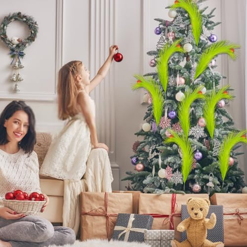 8Pcs Grinch Christmas Tree Topper Set with Red Glitter Balls