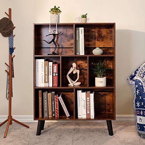 3-Tier Mid-Century Modern Cube Bookshelf with Legs, Brown Storage Shelf