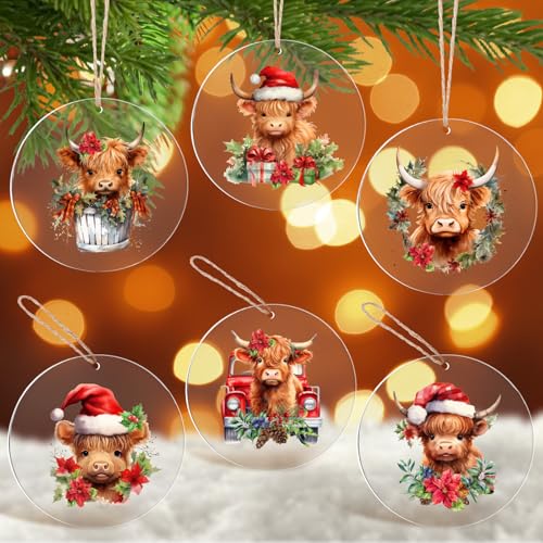 12-Pack Highland Cow Christmas Ornaments Acrylic Farm Animal Holiday Decorations