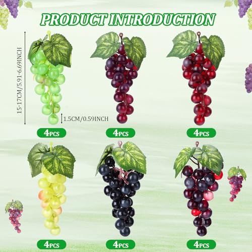 Artificial Grape Set - 24 Lifelike Rubber Grapes with Vines in 6 Colors