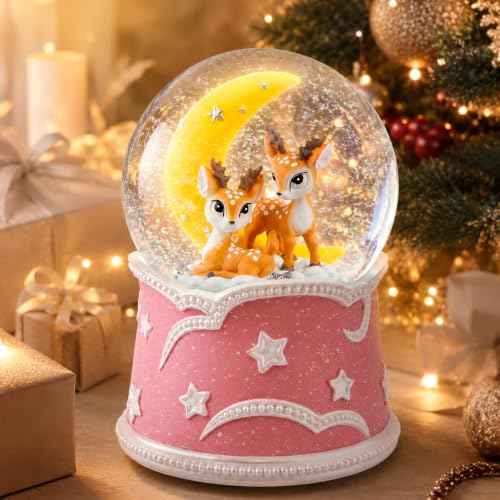 Pink Deer Snow Globe Music Box with Glowing Moon and Stars