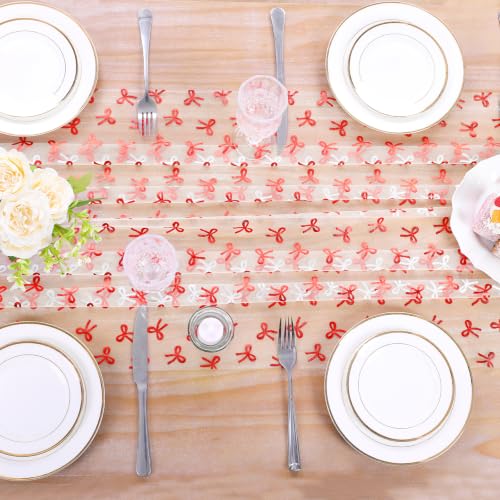 Beige Red Bow Tulle Table Runner 29x120 Inch Elegant Wedding Decor