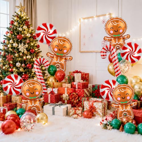 Gingerbread Man Candy Christmas Foil Balloons Set - 10PCS Holiday Party Decorations with Red Candy Cane & Lollipop Balloons
