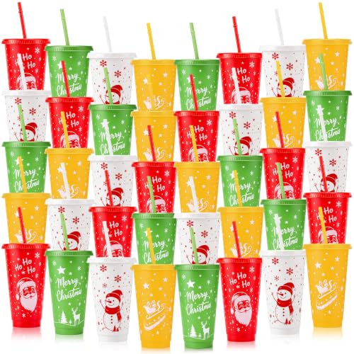 Sliner 40 Pack Christmas Plastic Cups with Lid & Straw - Cute Style, 24oz Reusable Holiday Drinkware
