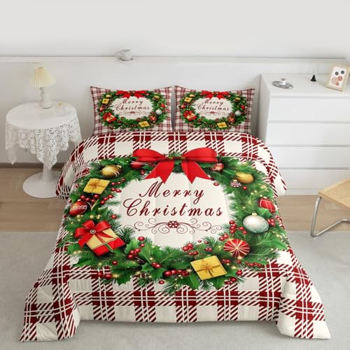Feelyou Checkered Wreath Comforter Set Twin Size Christmas Bedding Beige Red Green