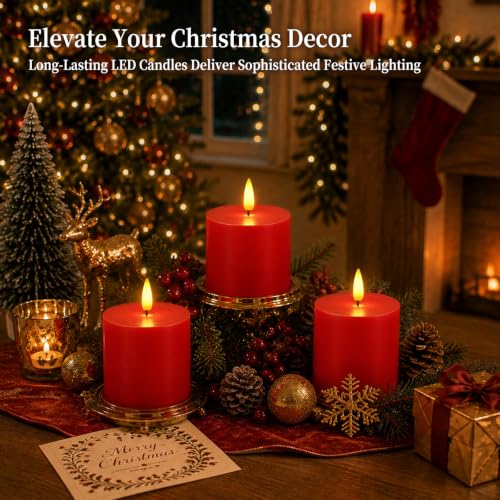 Homemory 3x3 Red Flameless Candles with Remote Timer, Battery Operated 3PC