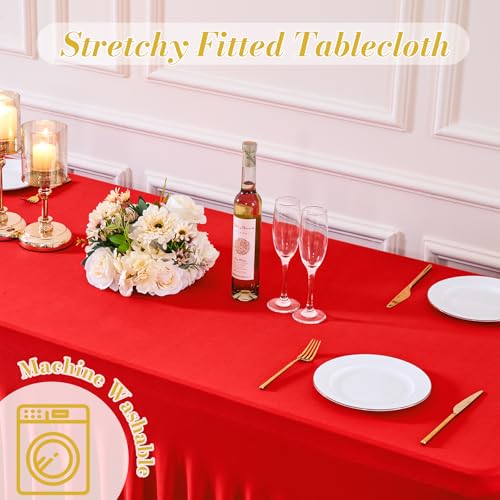 Besutolife 2-Pack Red Spandex Tablecloth 72 x 30 Inches 6ft Rectangular Fitted Covers