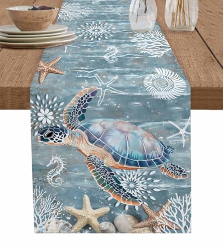 Lsrtoss Beige Blue Coastal Table Runner 13 x 60 Inches Summer Beach Nautical Decor