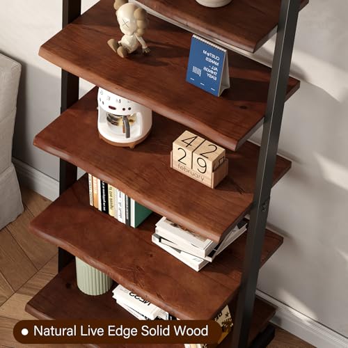 5-Tier Solid Wood Ladder Bookshelf, Rustic Walnut Leaning Storage Shelf