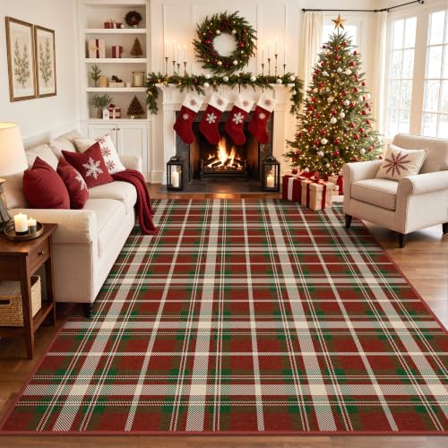 Christmas Red Plaid Washable Area Rug - 5' x 7' Ivy Design for Living Room