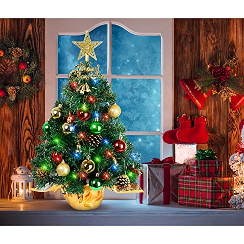 22-Inch Pre-Lit Mini Tabletop Christmas Tree with Ornaments & LED Lights