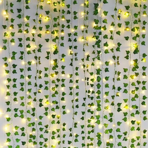 Artificial Ivy Vines with LED String Lights - 12 Pack 84ft Hanging Decor