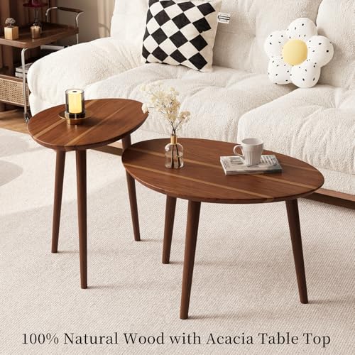 Small Oval Coffee Tables Set - Walnut Mid-Century Modern Nesting Tables