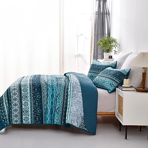 Boho King Quilt Bedding Set - 3 Piece Soft Bedspread, Blue