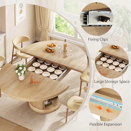 Extendable Round Dining Table 47"-63" with 2-Tier Storage, Pedestal Base