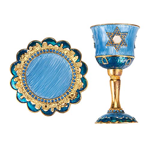 Enamel Kiddush Cup Set with Tray - 5-Inch Star of David Goblet