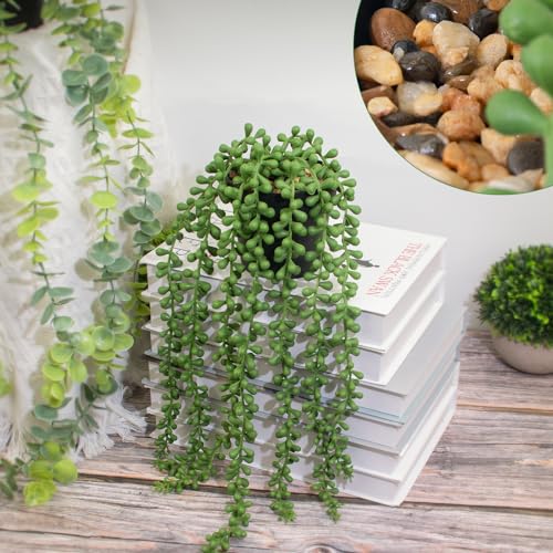 Artificial String of Pearls Hanging Plant in Black Pot - 16.5 Inch Faux Succulent