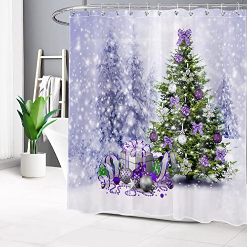 Purple Christmas Tree Shower Curtain 72x72 Inches Waterproof Holiday Bathroom Decor with 12 Hooks