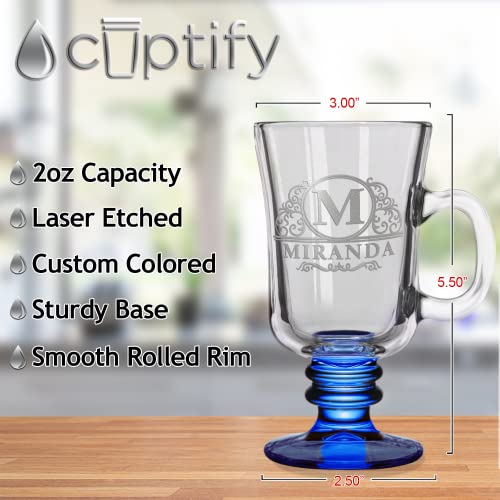 Cuptify Custom Glass Mug Elaborate Circle Font Blue 8.5 oz Irish Coffee Cup with Personalized Text Birthday Gift for Men & Women