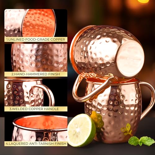 Airbin 4-Piece Copper Moscow Mule Mug Set with Straws & Accessories, 16oz Handcrafted Drinkware