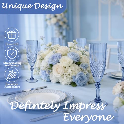 Blue Plastic Champagne Flutes Set of 24 - Reusable Disposable Wine Glasses