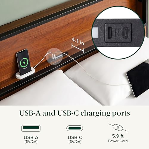 Queen Platform Bed Frame with LED Lights, Storage Headboard & USB Charging