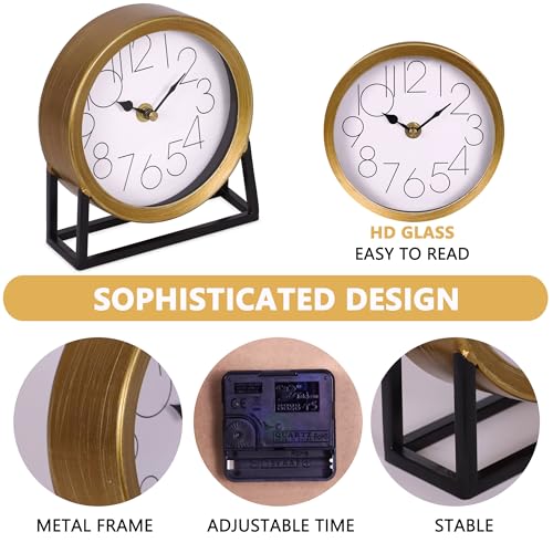 Modern Gold Metal Table Clock, Silent Non-Ticking Desk and Shelf Clock