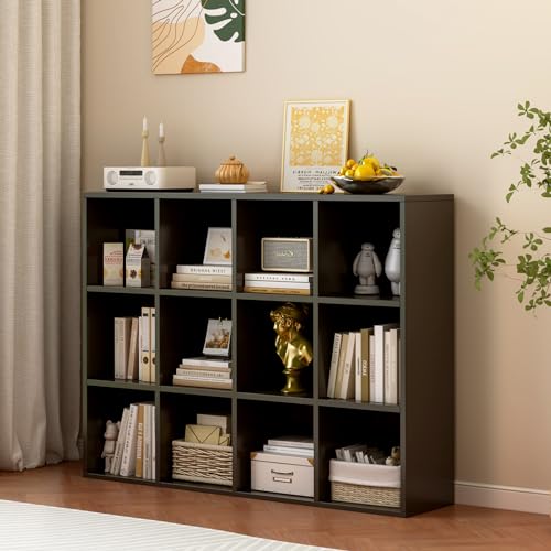 12-Cube Storage Bookcase, 3x4 Wooden Open Shelf Unit for Bins, Black