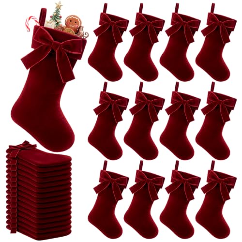 12-Pack Burgundy Velvet Christmas Stockings - Mini 9'' Burgandy Xmas Stocking Ornaments