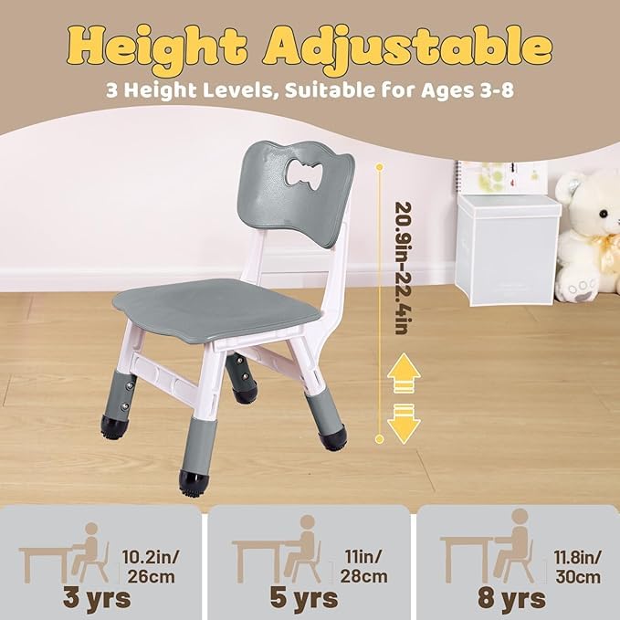 Adjustable Kids Chairs (2 Pack) - Sturdy Toddler Chair for Ages 3-8, Grey