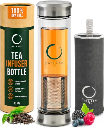Pure Zen 13 oz Tea Infuser Bottle with Stainless Steel Filter - Travel Tea Mug Gift Set