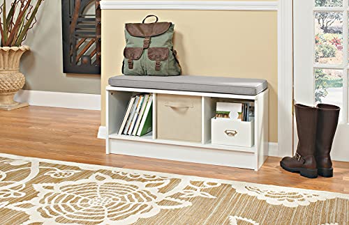 3-Cube Storage Bench with Gray Cushion, White Laminate Entryway Organizer