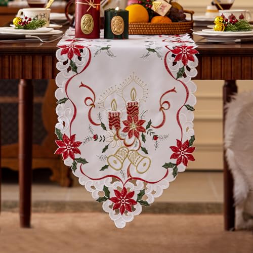 Joyfol Day Christmas Table Runner 14x69 in with Embroidered Poinsettia Holly Candles Bell